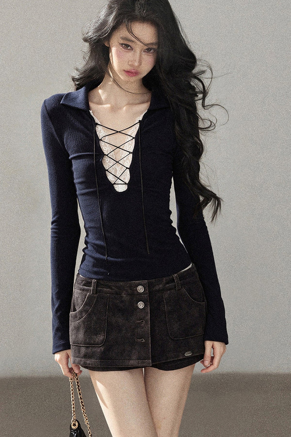 Lace Tie-Up Knit T-Shirt