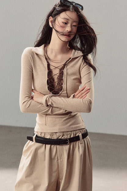 Lace Tie-Up Knit T-Shirt