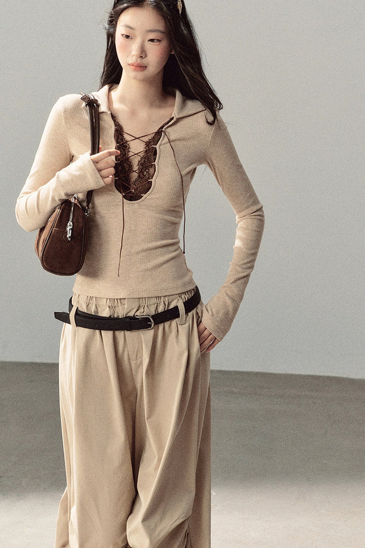 Lace Tie-Up Knit T-Shirt