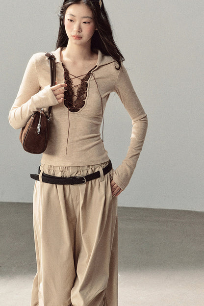 Lace Tie-Up Knit T-Shirt