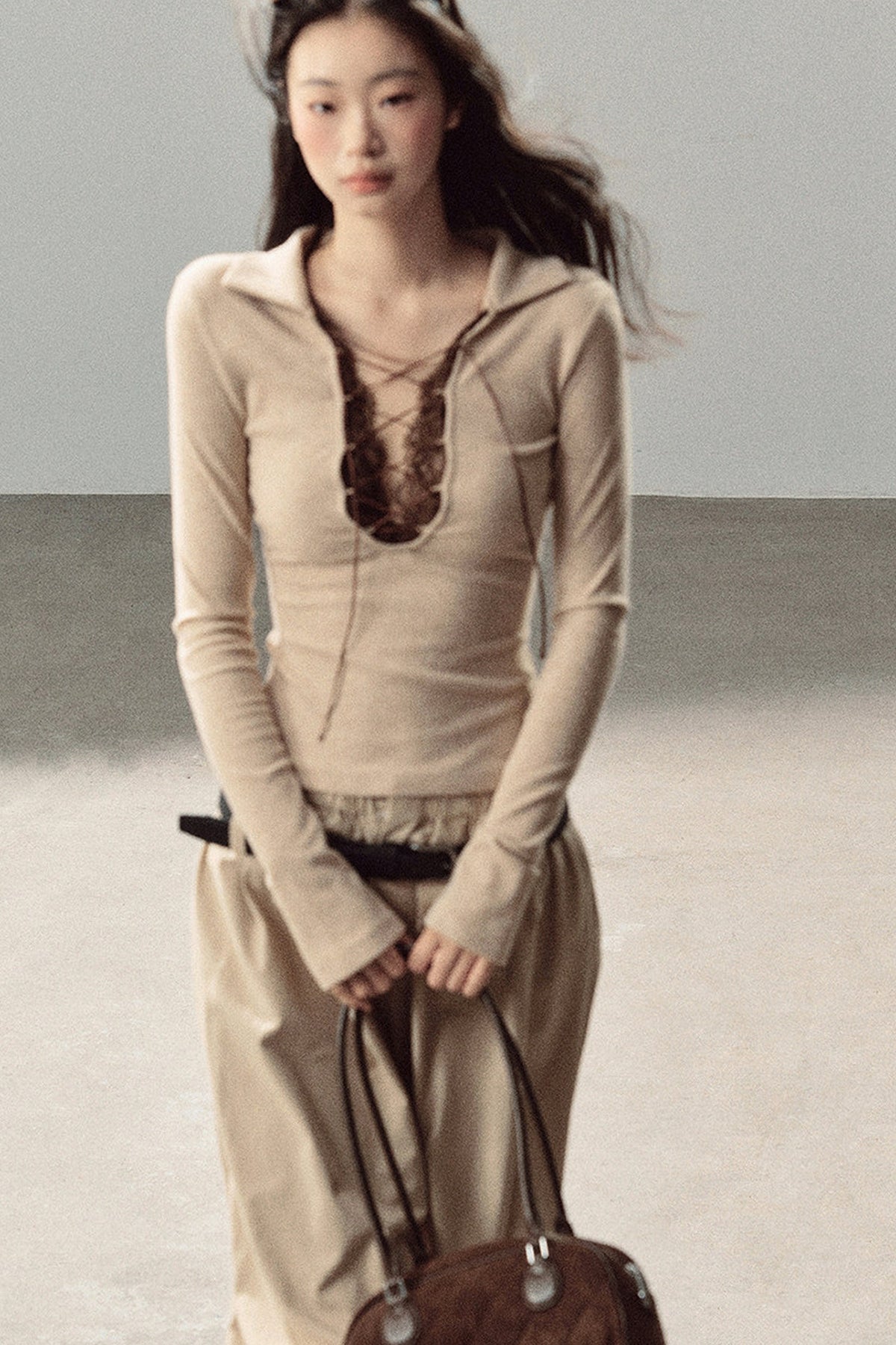 Lace Tie-Up Knit T-Shirt