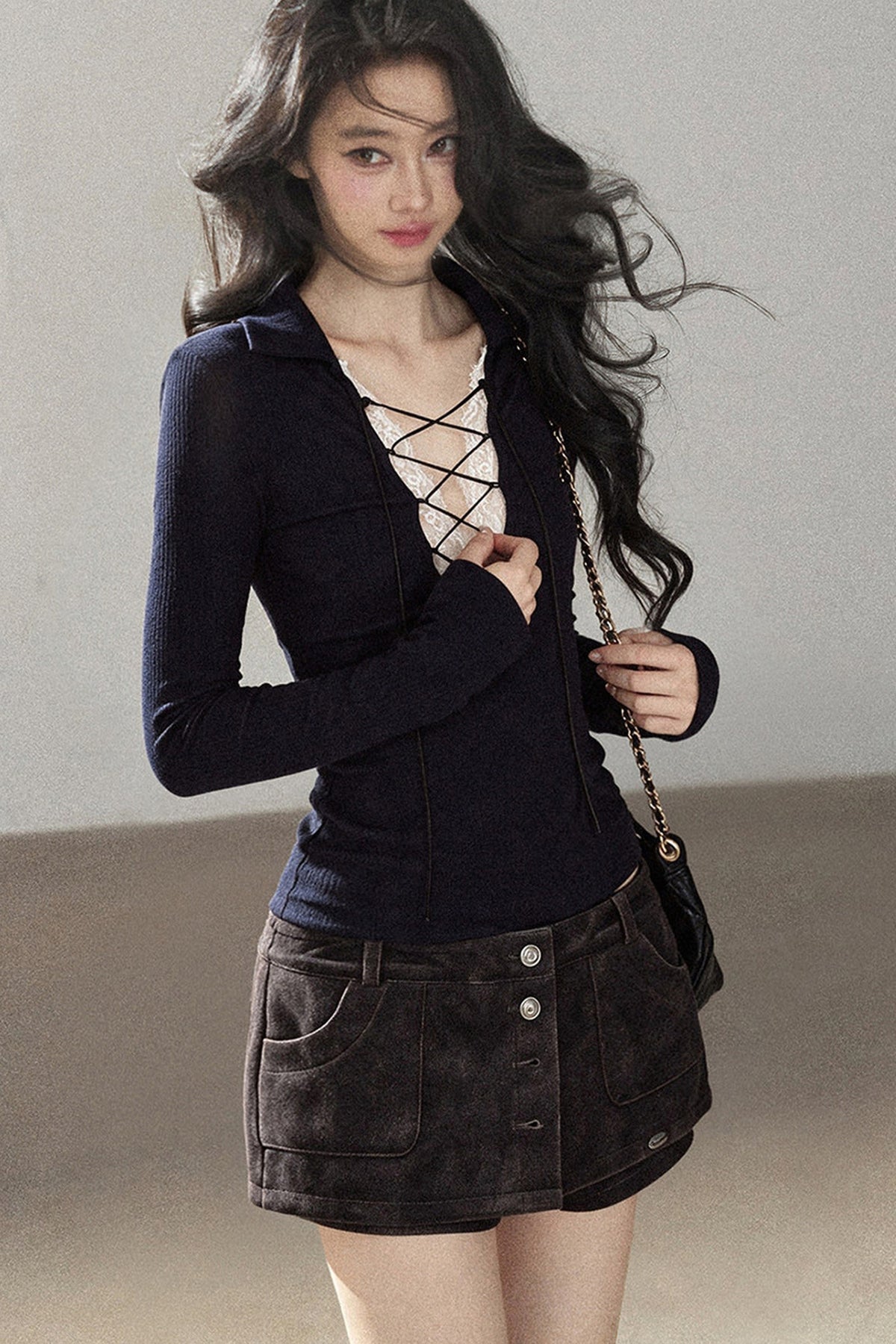 Lace Tie-Up Knit T-Shirt