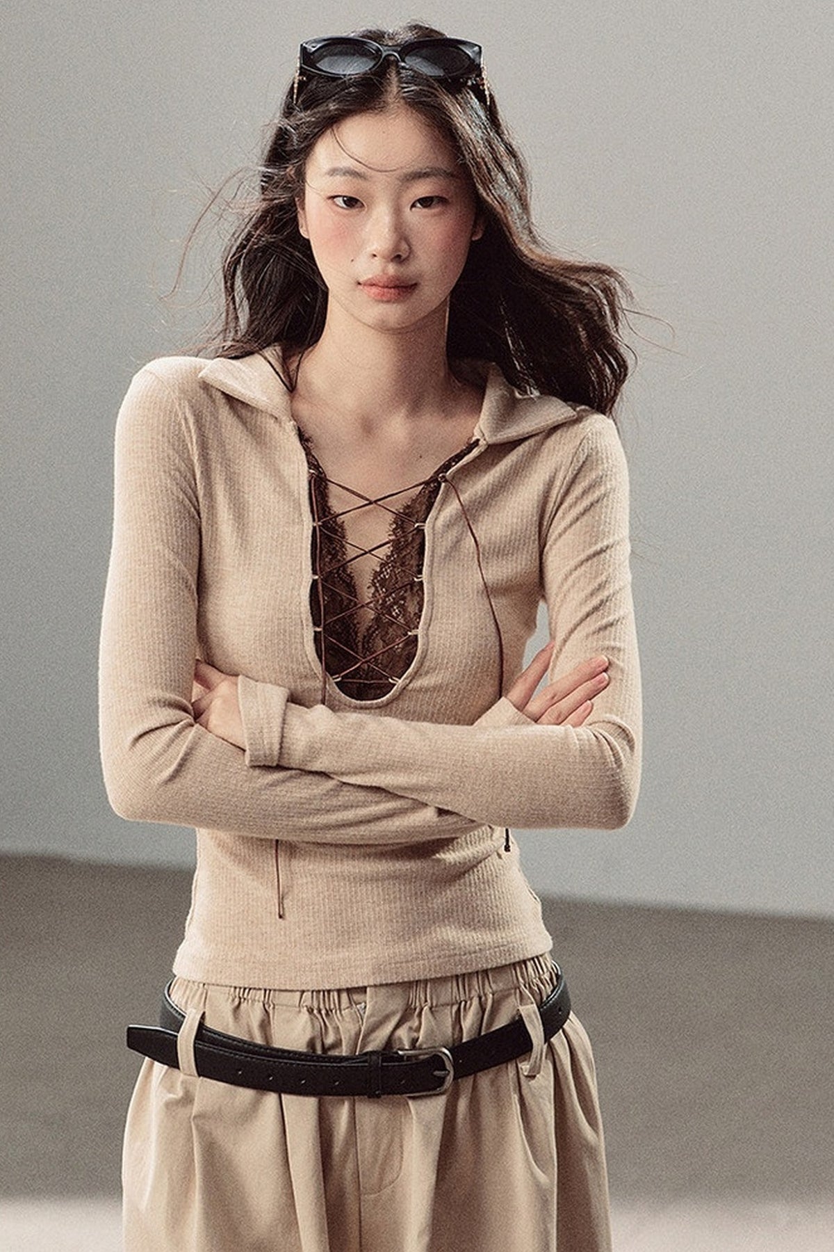 Lace Tie-Up Knit T-Shirt