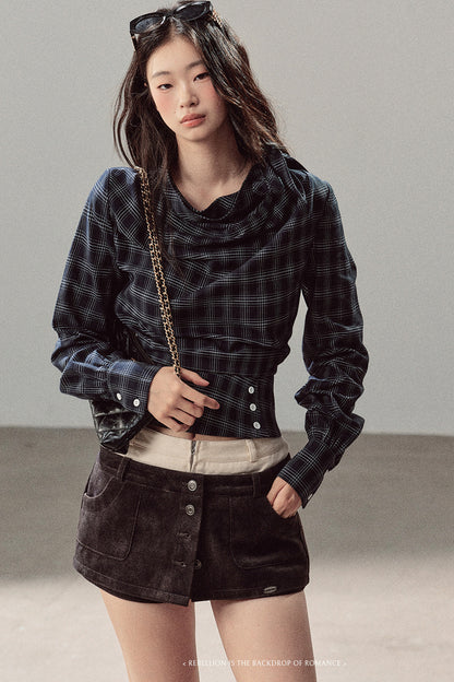 Plaid Cowl Neck Shirt
