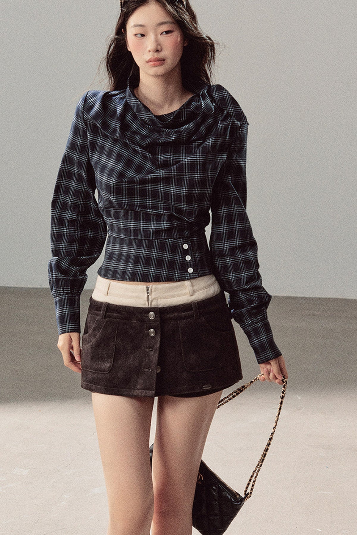 Plaid Cowl Neck Shirt