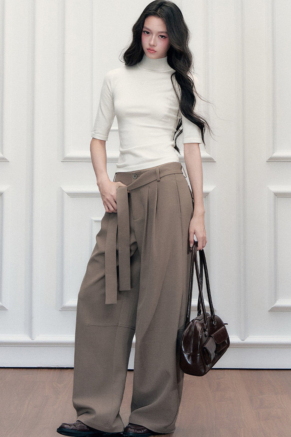 Drape Tie-Up Wide-Leg Suit Pants