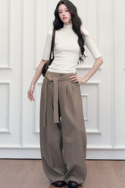 Drape Tie-Up Wide-Leg Suit Pants