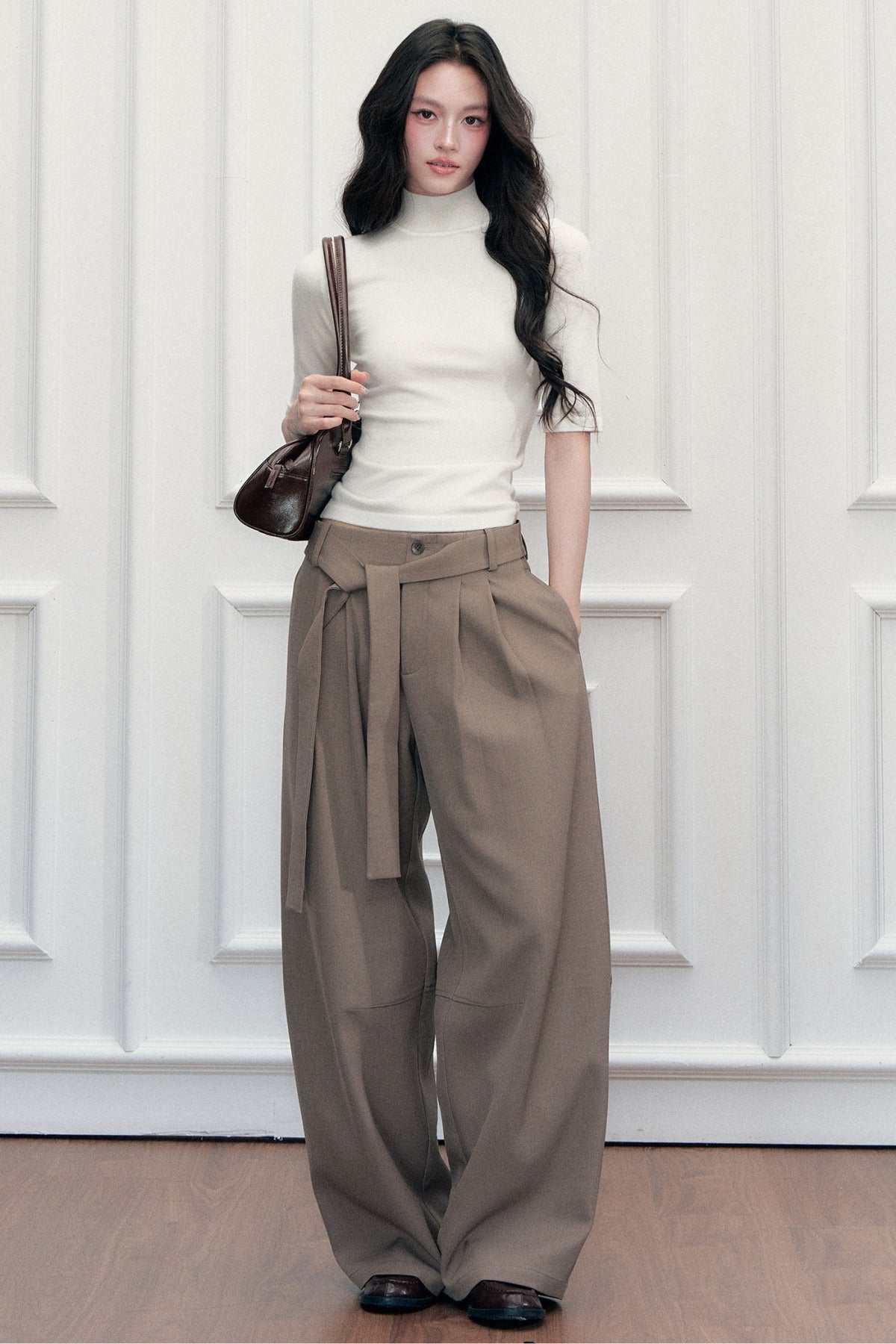 Drape Tie-Up Wide-Leg Suit Pants