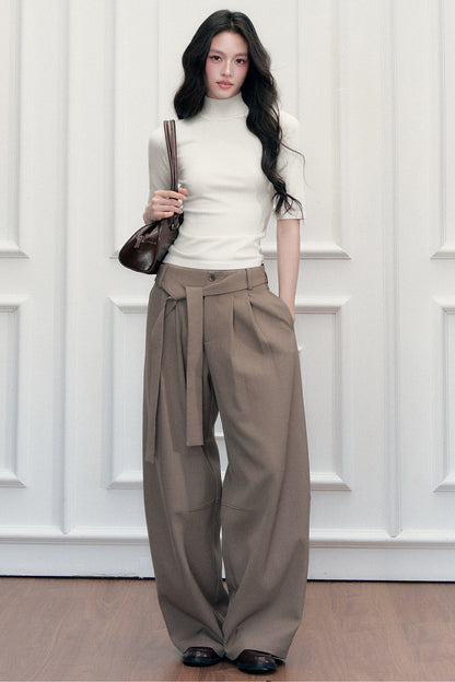 Drape Tie-Up Wide-Leg Suit Pants