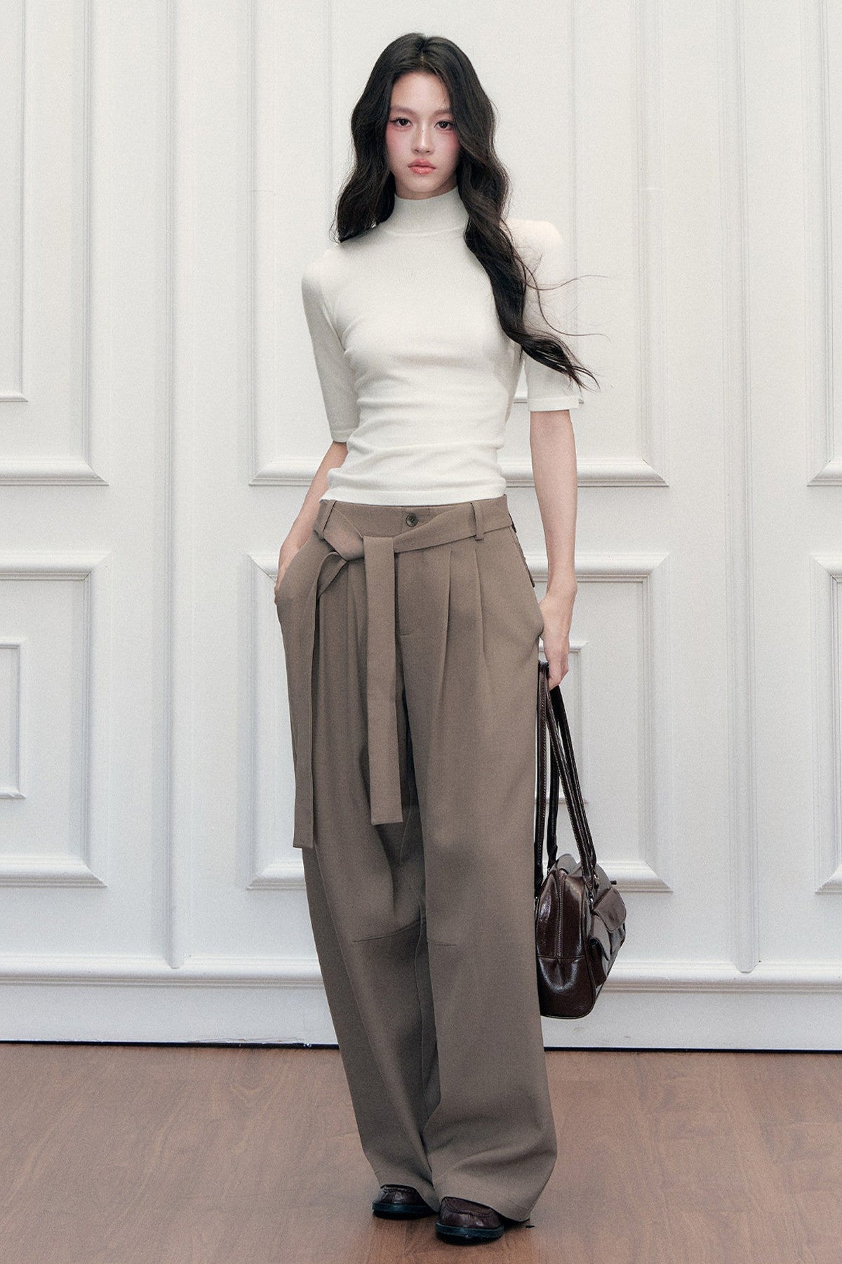 Drape Tie-Up Wide-Leg Suit Pants