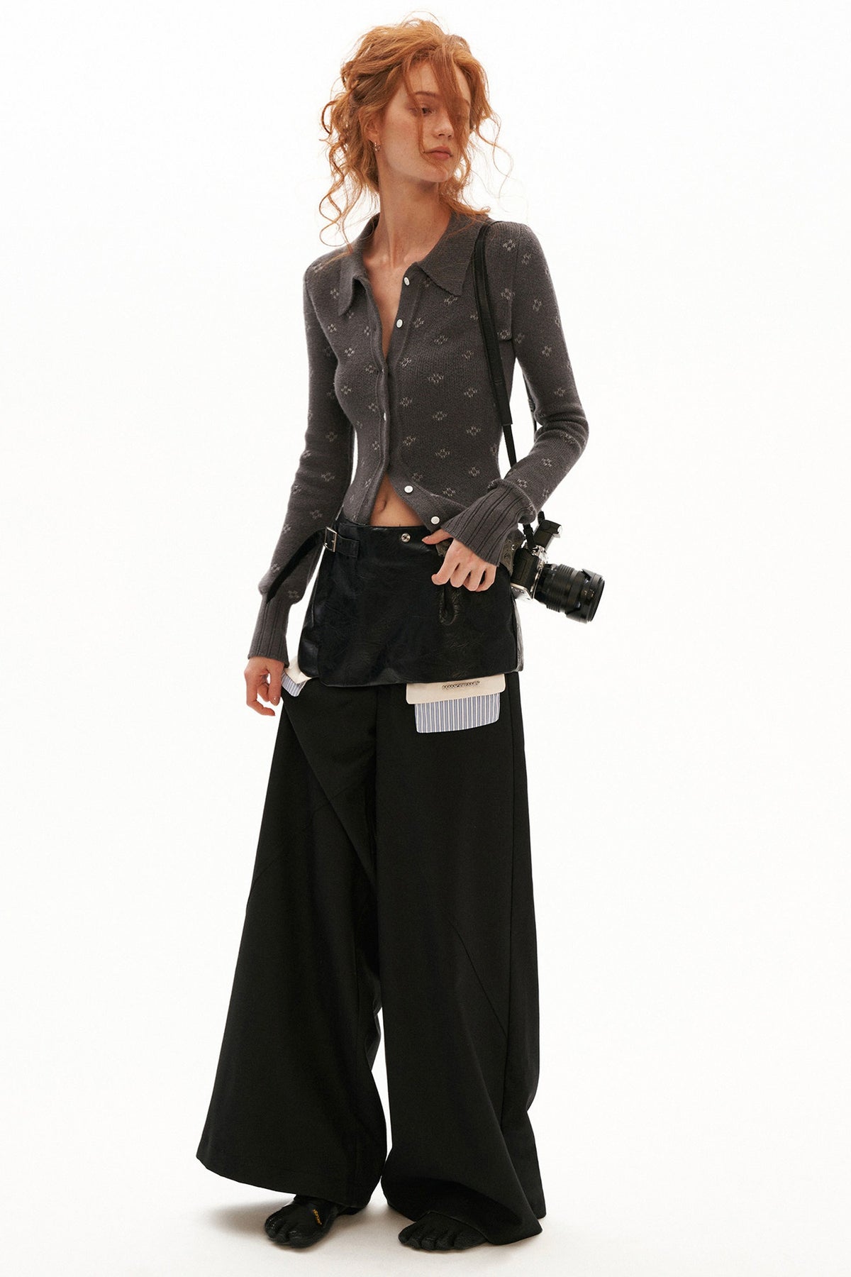 Matte Leather Waistband Wide-Leg Pants