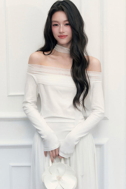Off-Shoulder Lily Mesh Patchwork Long Dress