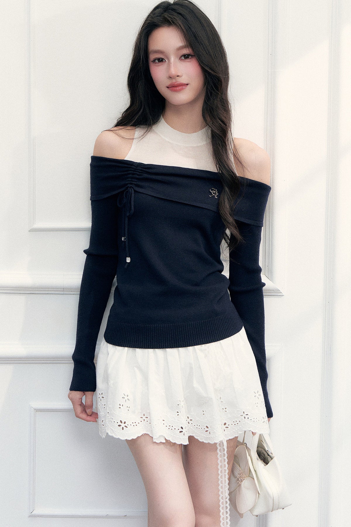 Off-Shoulder Contrasting Color Knit Top