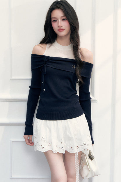 Off-Shoulder Contrasting Color Knit Top