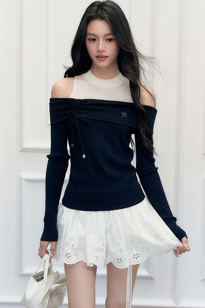 Off-Shoulder Contrasting Color Knit Top