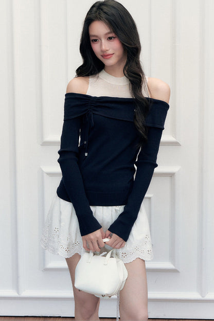 Off-Shoulder Contrasting Color Knit Top