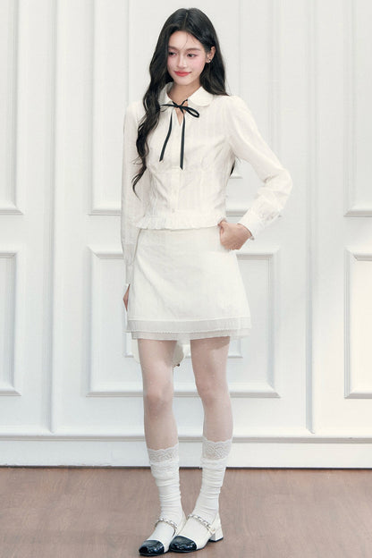 Preppy Jacquard Long-Sleeved Shirt and Skirt Set-Up