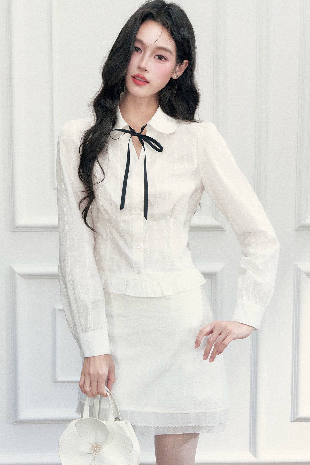 Preppy Jacquard Long-Sleeved Shirt and Skirt Set-Up