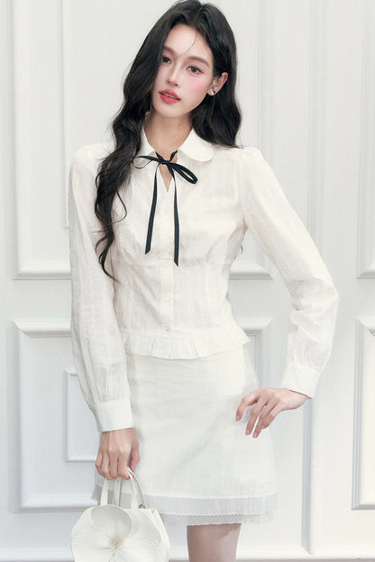 Preppy Jacquard Long-Sleeved Shirt and Skirt Set-Up