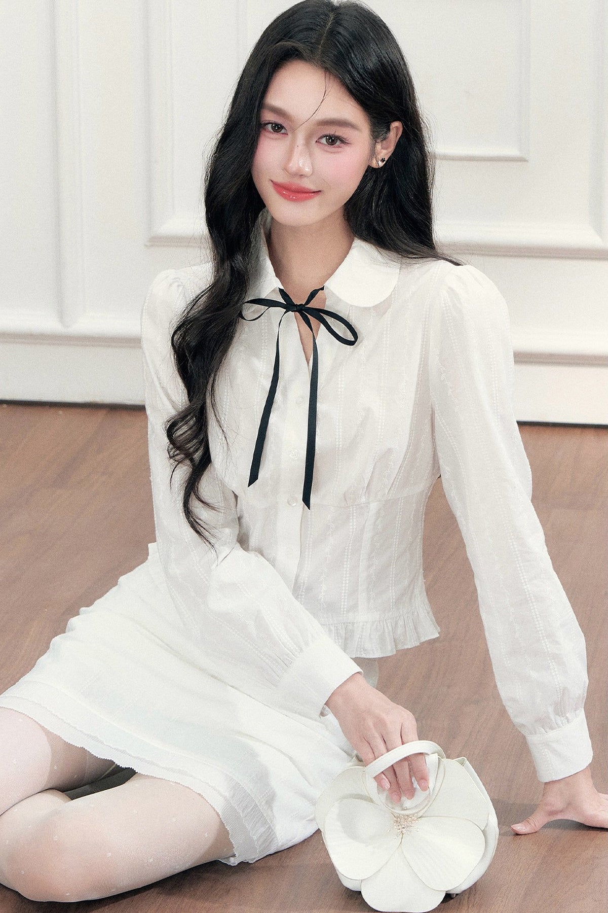 Preppy Jacquard Long-Sleeved Shirt and Skirt Set-Up