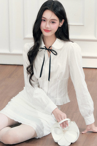 Preppy Jacquard Long-Sleeved Shirt and Skirt Set-Up