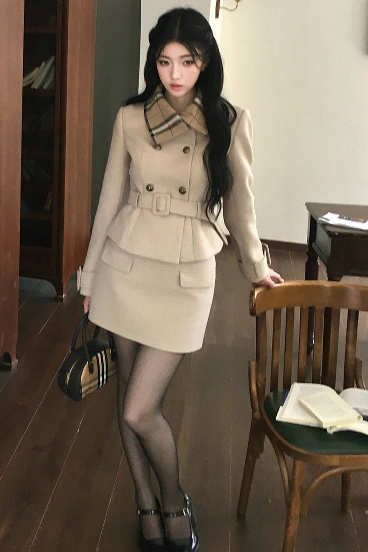 Plaid Lapel Top and A-Line Skirt Set-Up