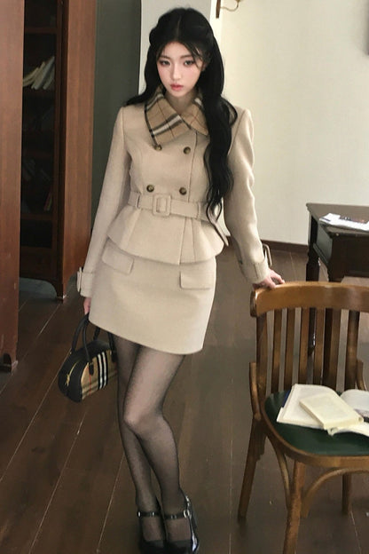 Plaid Lapel Top and A-Line Skirt Set-Up