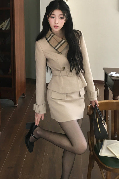 Plaid Lapel Top and A-Line Skirt Set-Up