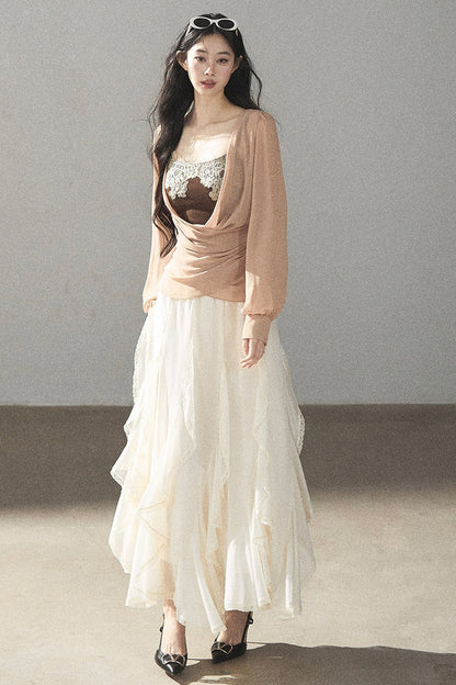 Semi-Sheer Ruffled Chiffon Blouse and Cami Set