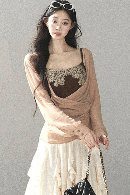 Semi-Sheer Ruffled Chiffon Blouse and Cami Set