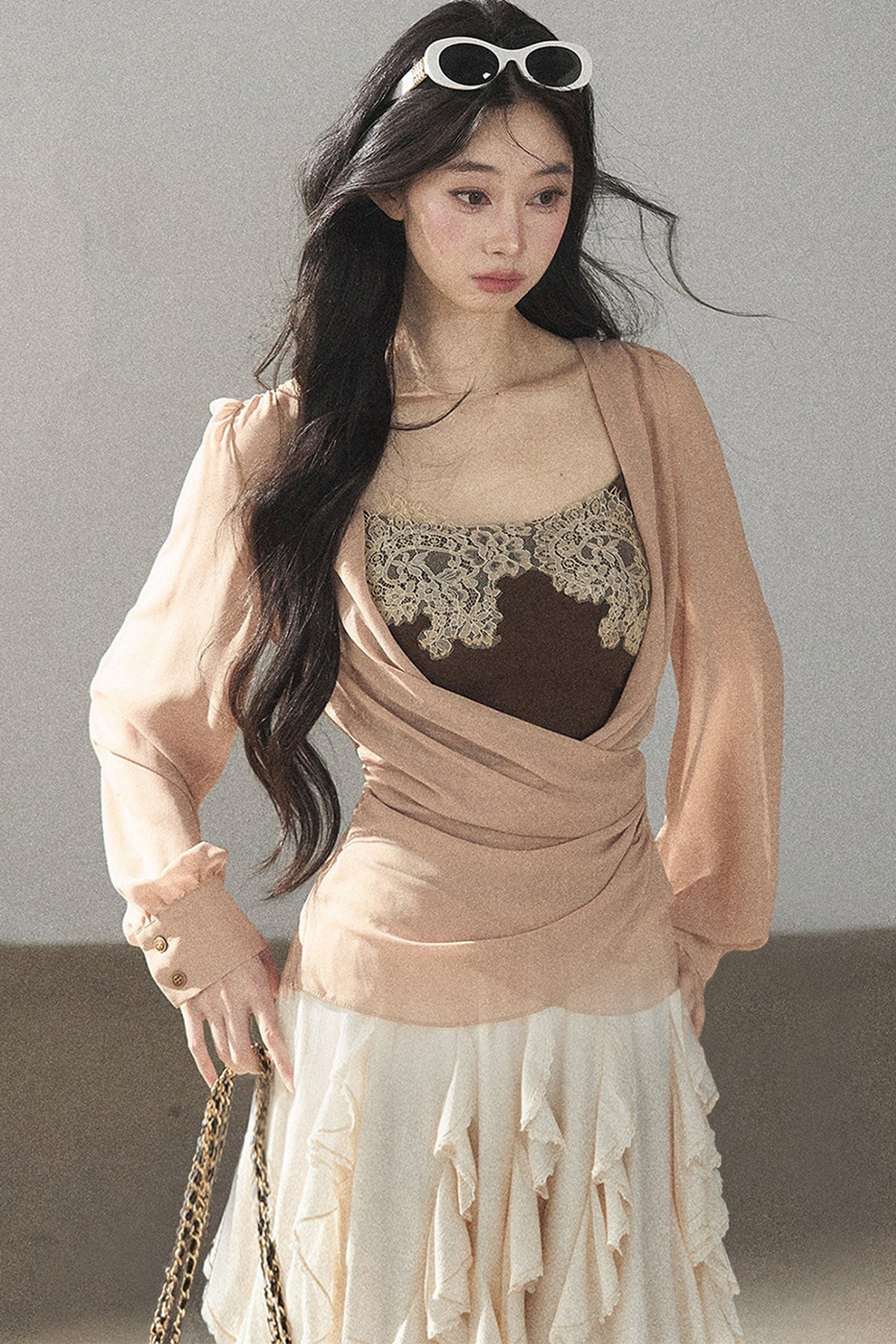 Semi-Sheer Ruffled Chiffon Blouse and Cami Set