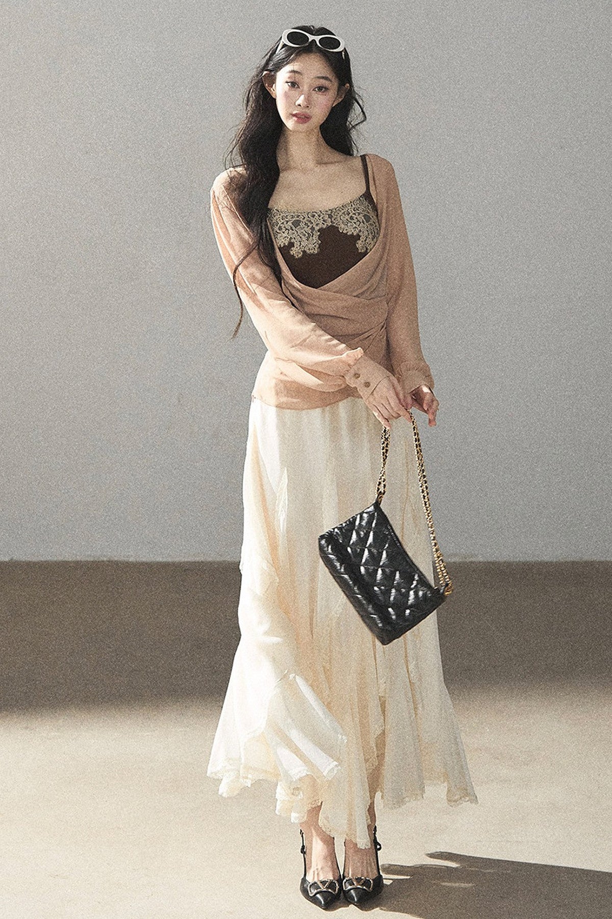 Semi-Sheer Ruffled Chiffon Blouse and Cami Set