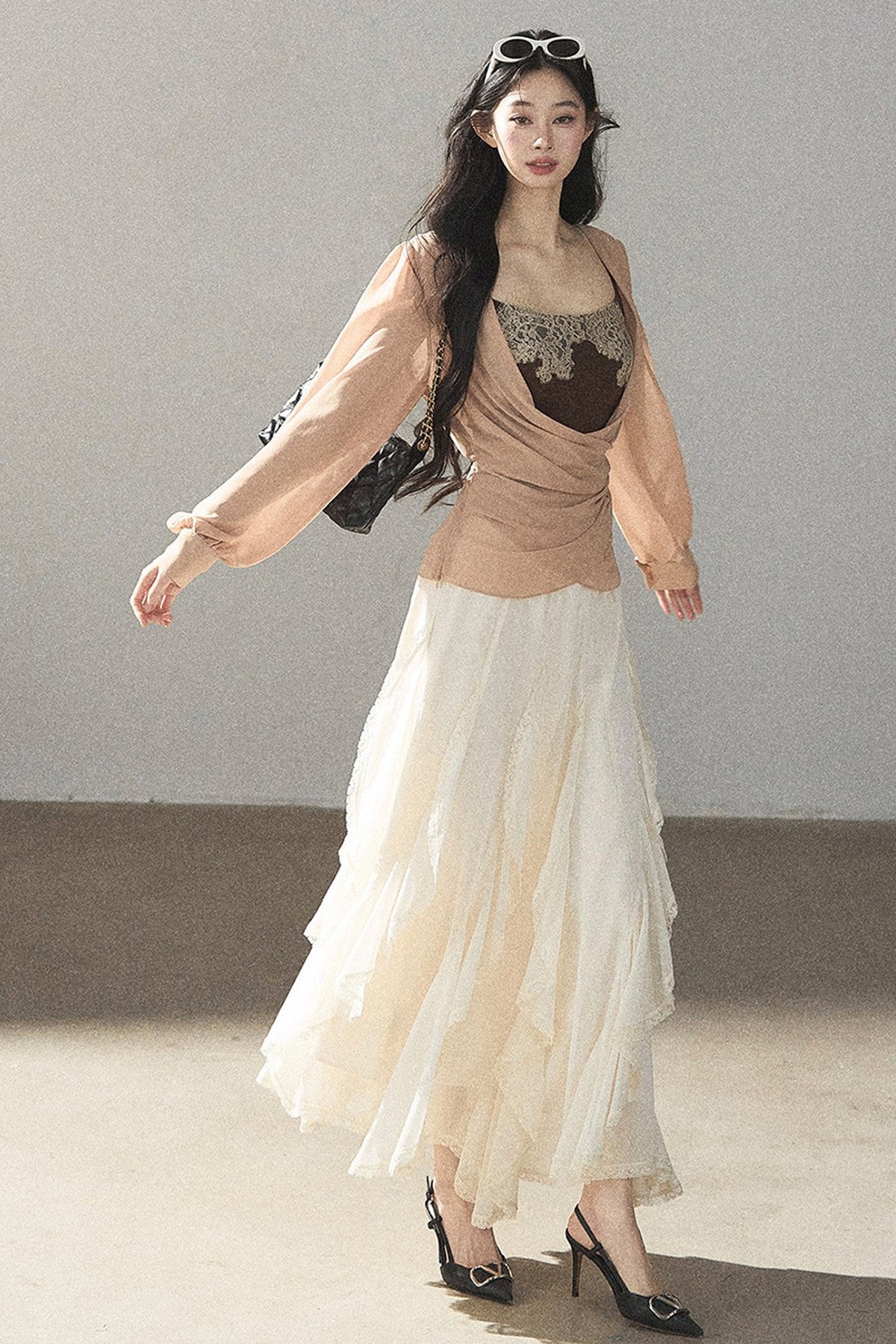 Semi-Sheer Ruffled Chiffon Blouse and Cami Set