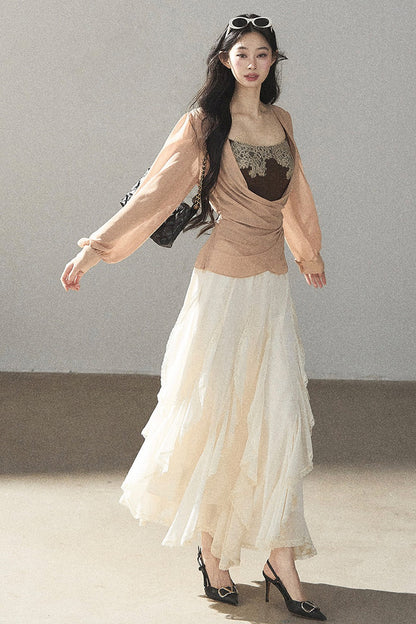 Semi-Sheer Ruffled Chiffon Blouse and Cami Set