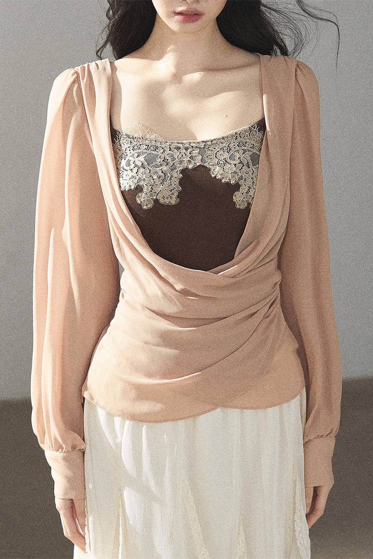 Semi-Sheer Ruffled Chiffon Blouse and Cami Set