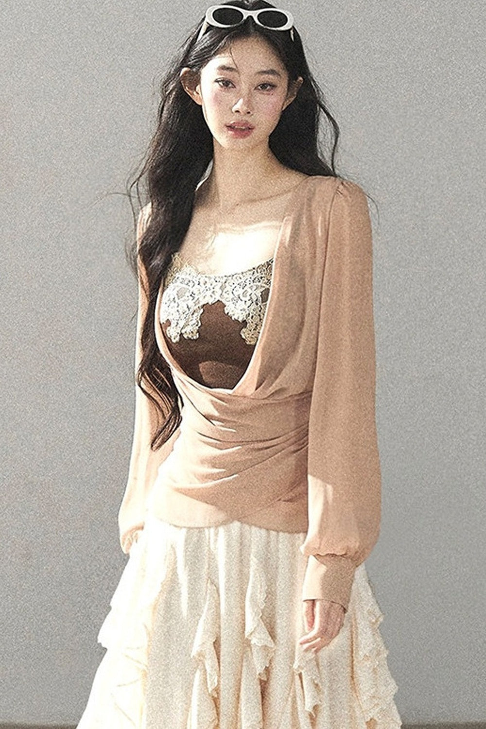 Semi-Sheer Ruffled Chiffon Blouse and Cami Set