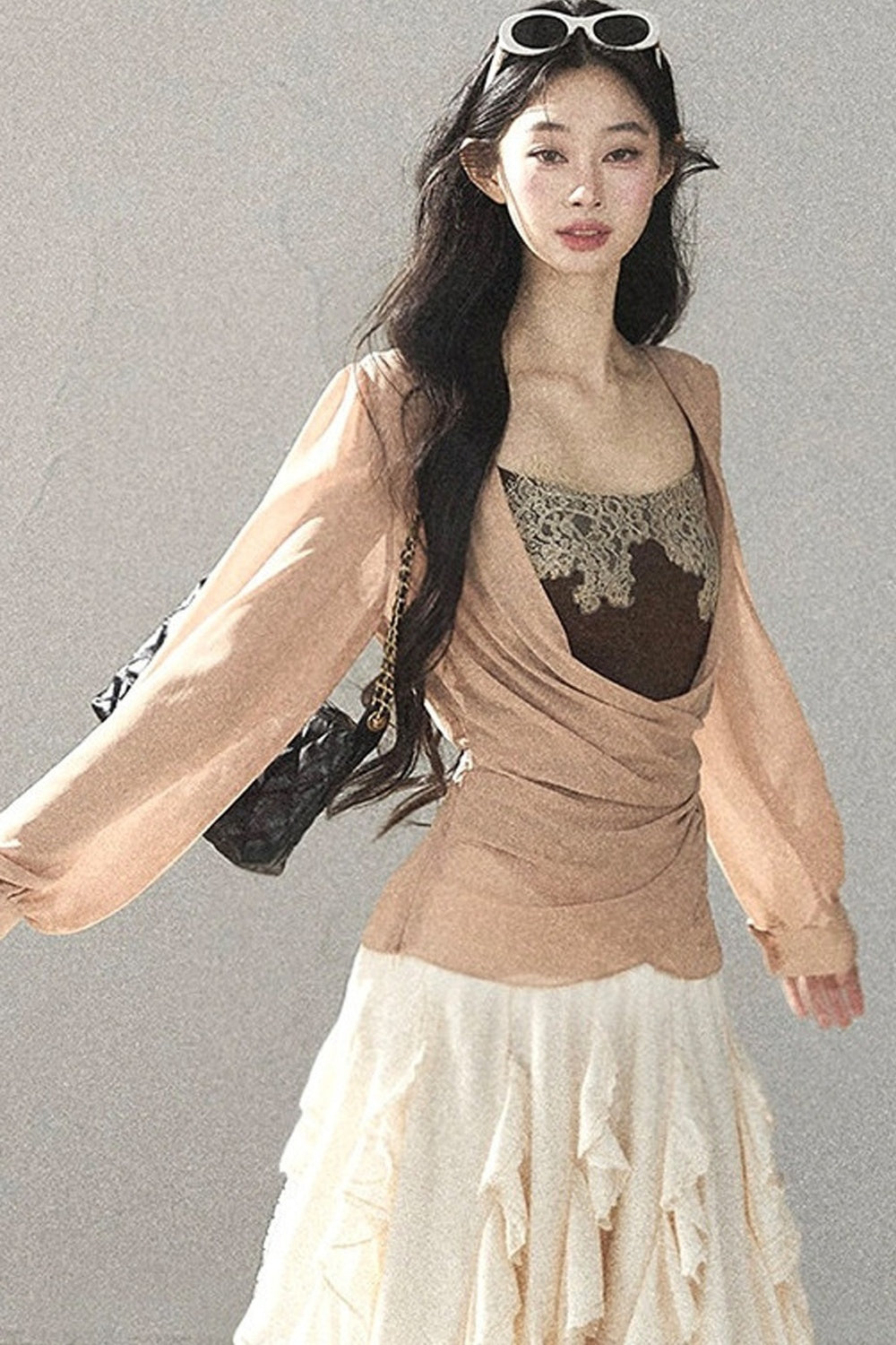 Semi-Sheer Ruffled Chiffon Blouse and Cami Set
