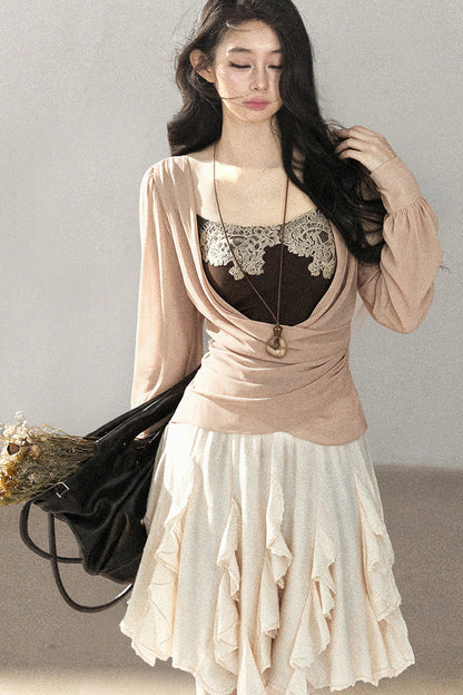 Semi-Sheer Ruffled Chiffon Blouse and Cami Set