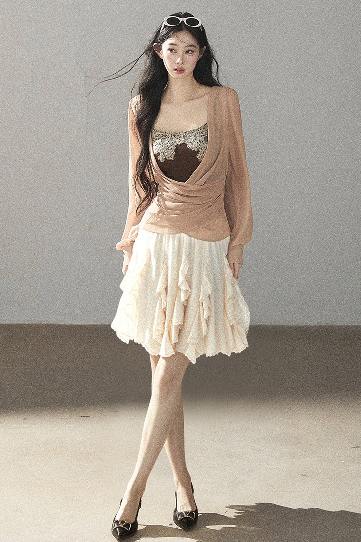 Semi-Sheer Ruffled Chiffon Blouse and Cami Set