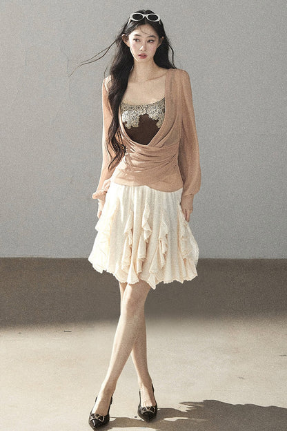 Semi-Sheer Ruffled Chiffon Blouse and Cami Set
