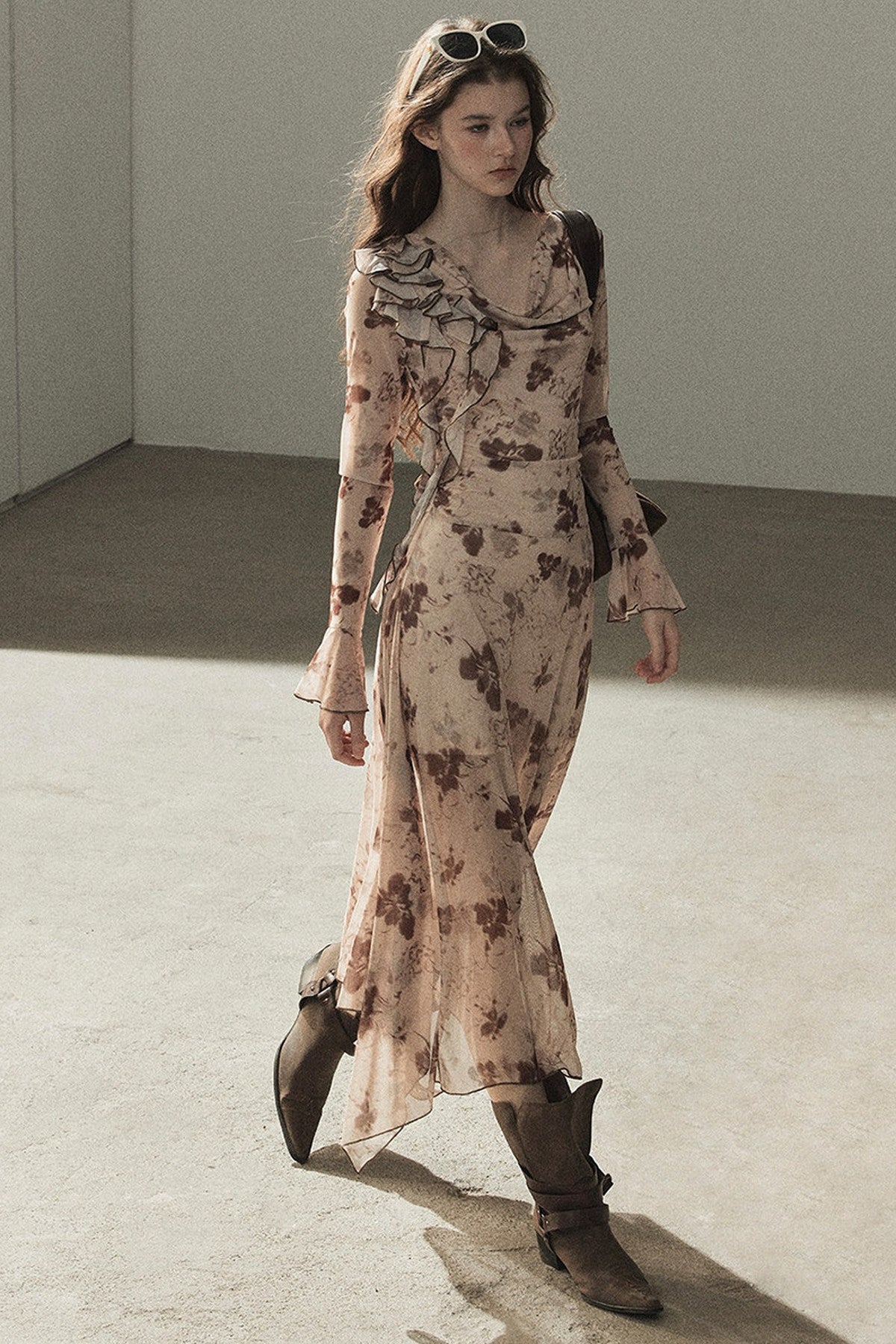 Ruffled French Floral Long Dress