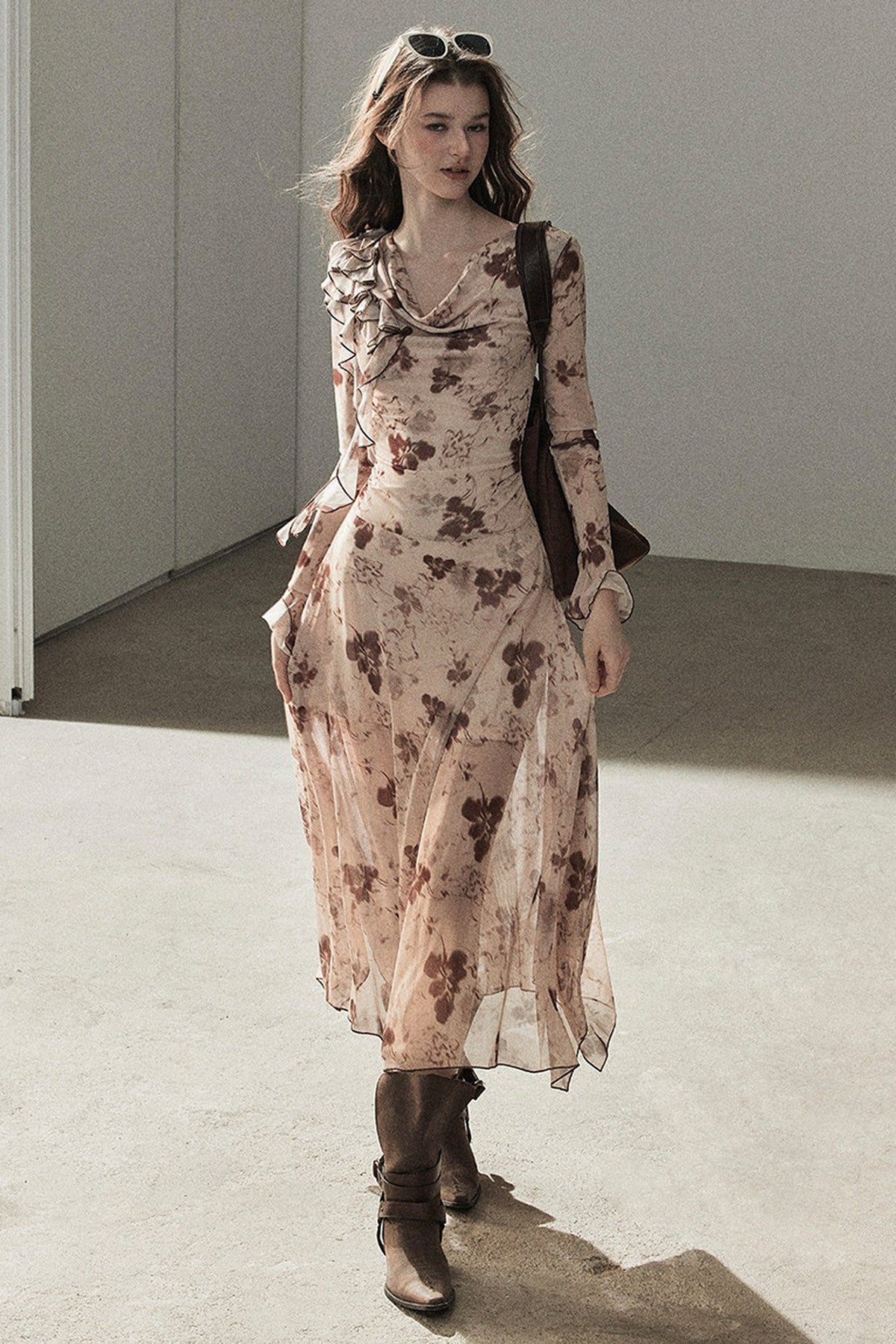 Ruffled French Floral Long Dress