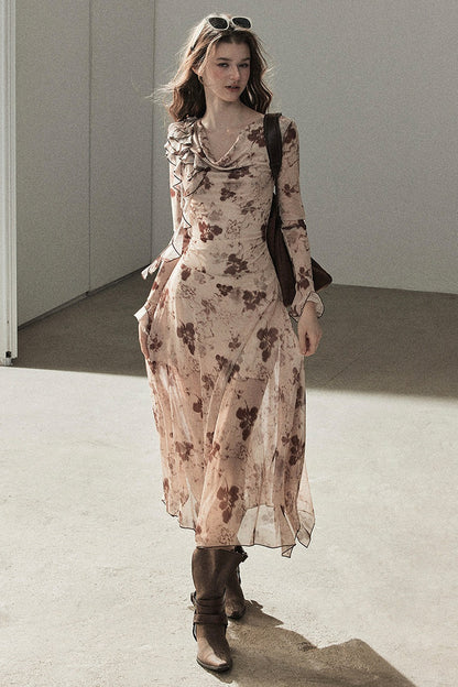 Ruffled French Floral Long Dress