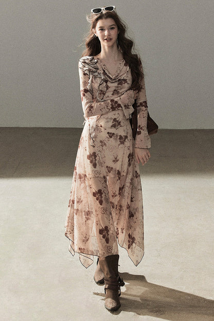Ruffled French Floral Long Dress
