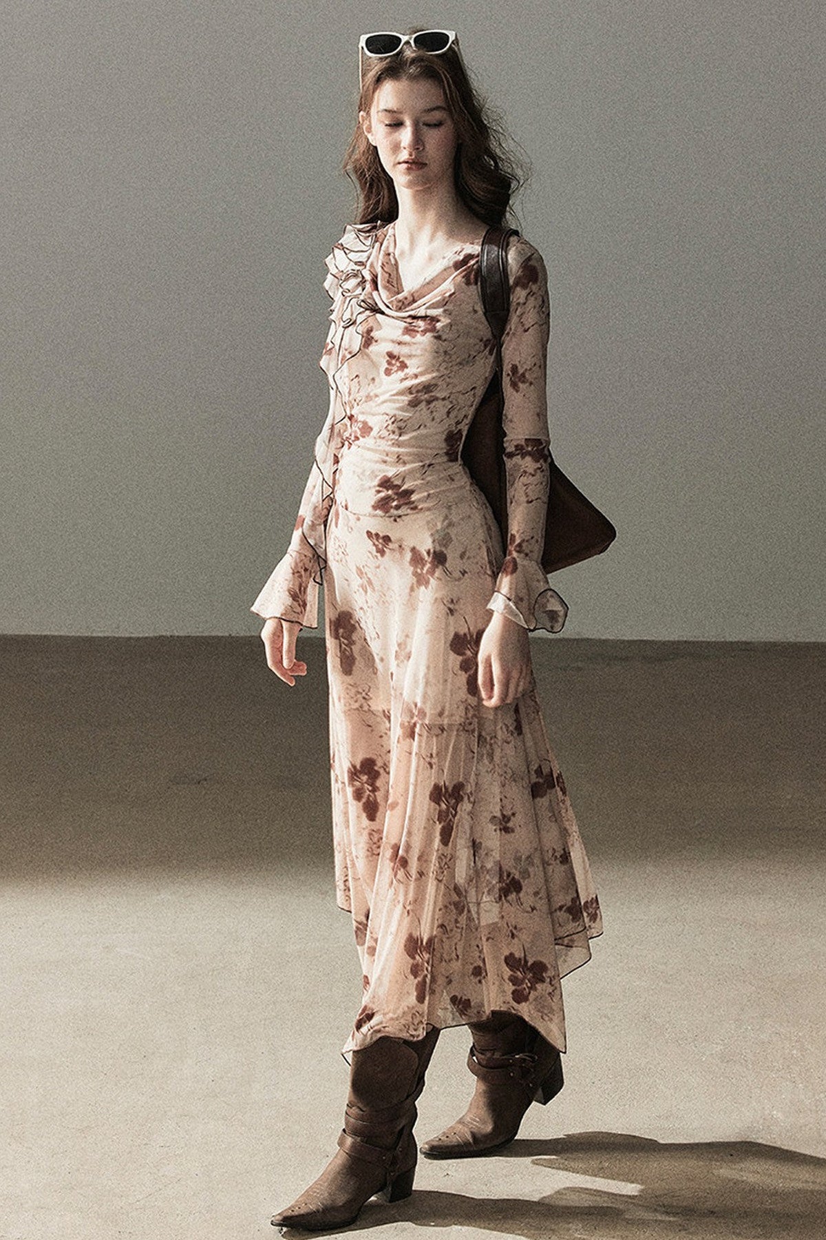 Ruffled French Floral Long Dress