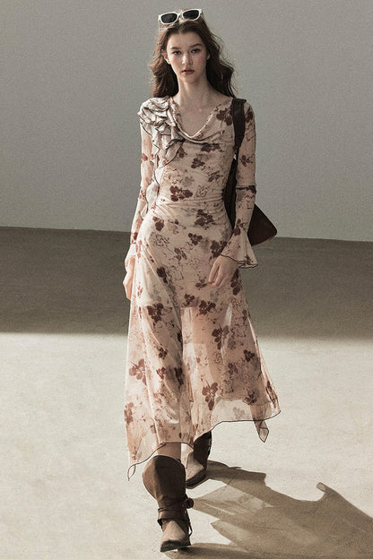 Ruffled French Floral Long Dress