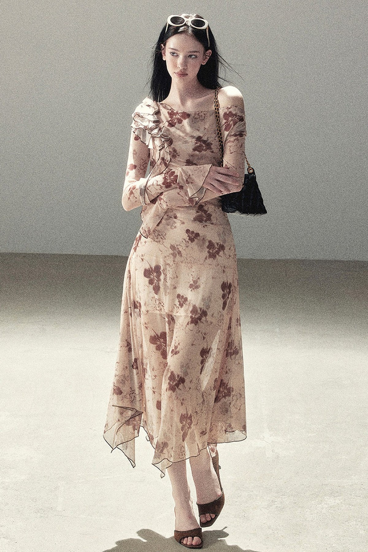 Ruffled French Floral Long Dress