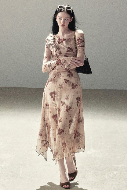 Ruffled French Floral Long Dress