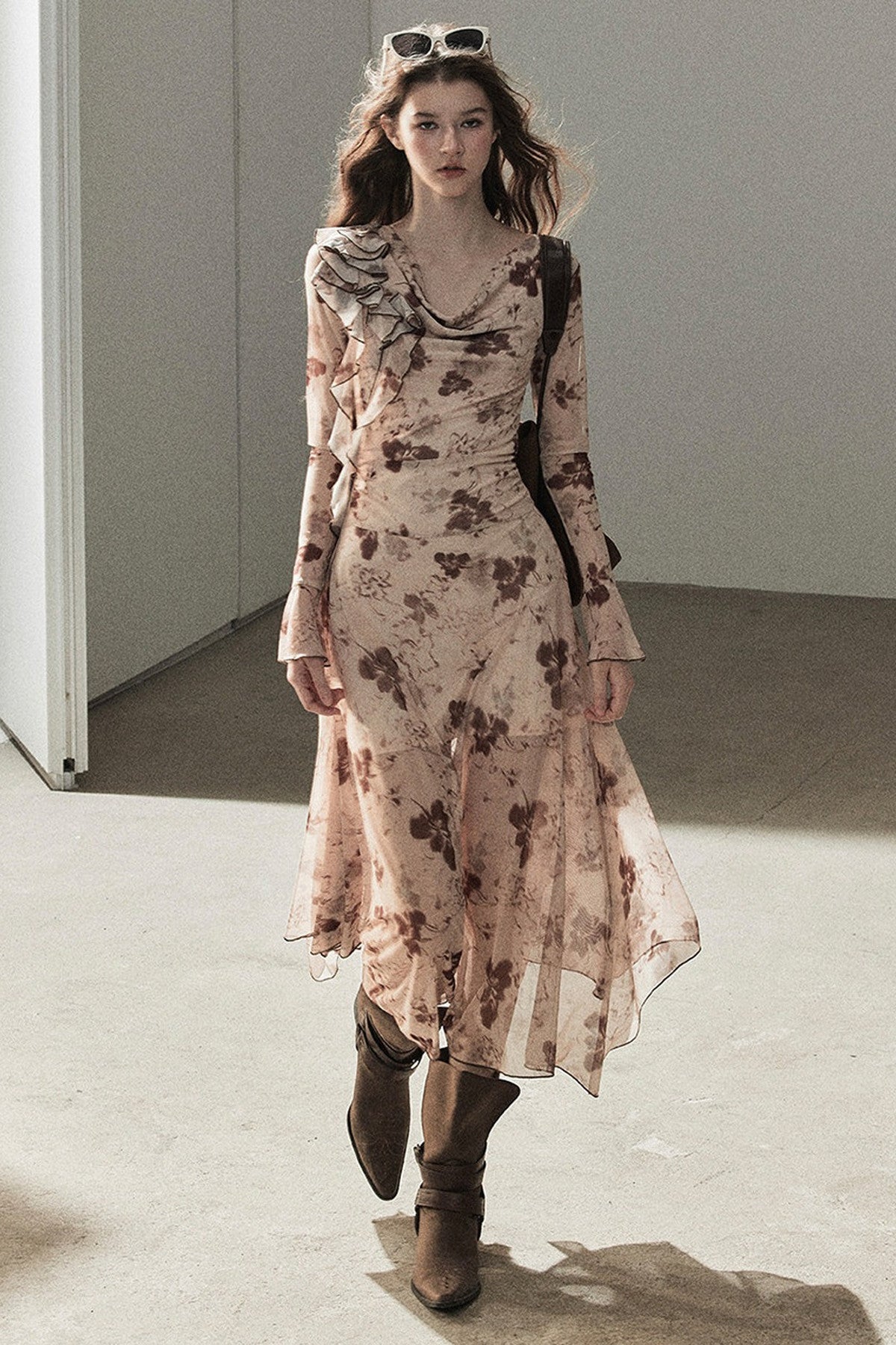 Ruffled French Floral Long Dress