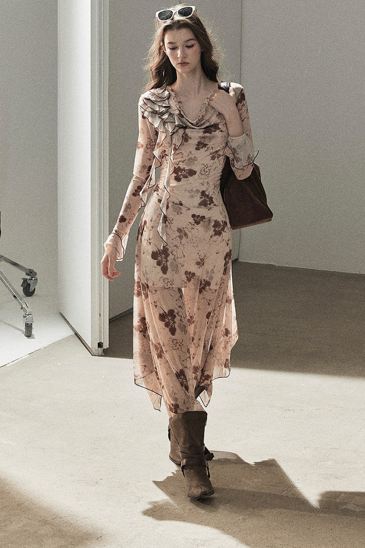 Ruffled French Floral Long Dress